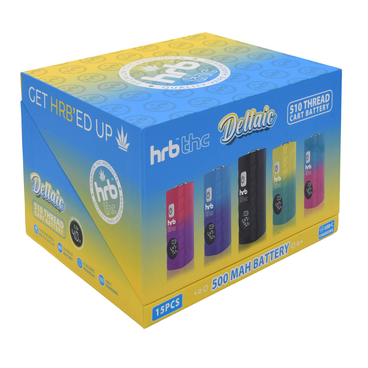 Colorful box of HRB THC Deltaic 510 batteries with a gradient design.