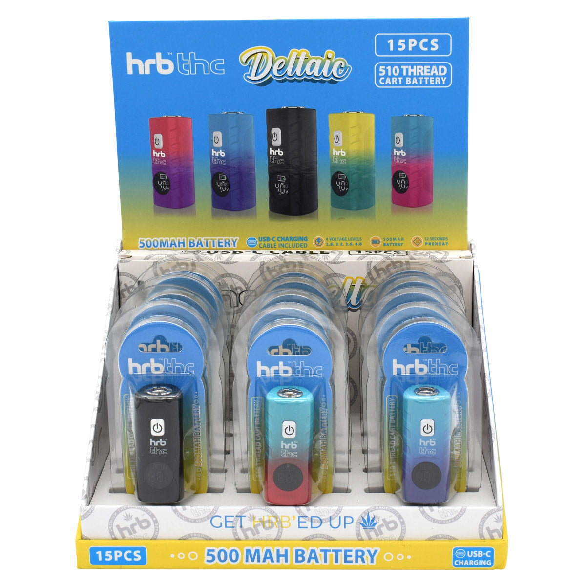 Display of HRB THC Deltaic vape cartridge batteries with colorful packaging.