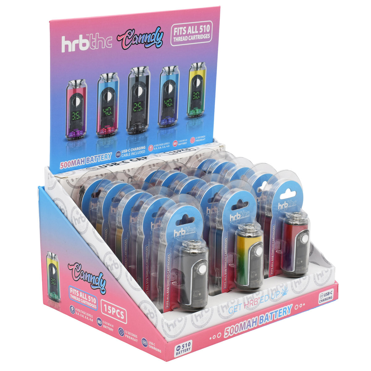Display box of hrb Boomah batteries with colorful packaging on a white background