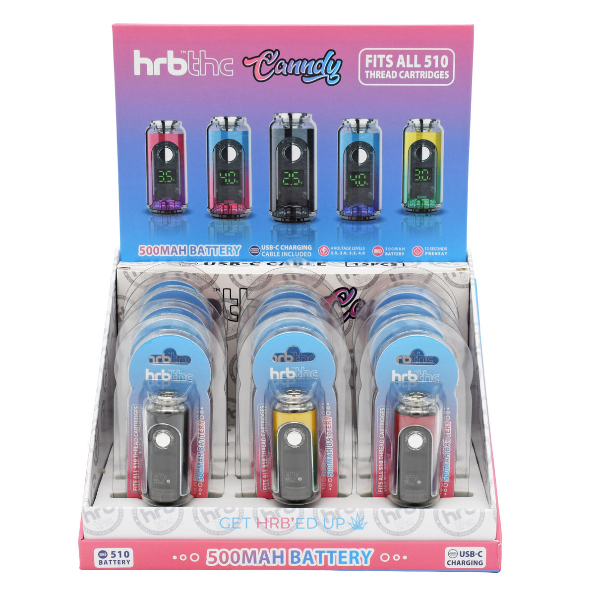 Display of HRB THC Candy vape batteries in packaging on a white background