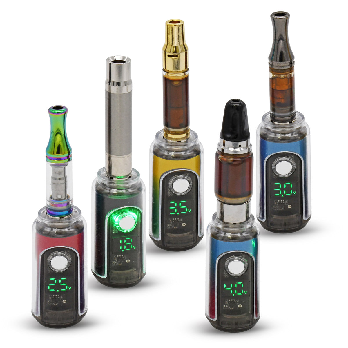 Set of 5 color options of HRB Canndy Cartridge battery, with various 510 cartridges mounted, digital voltage displays on a white background