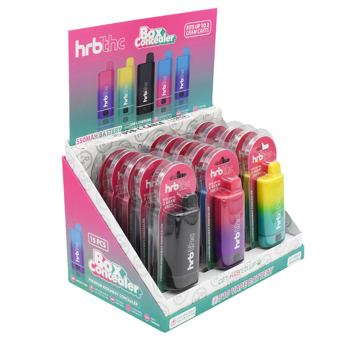 Display of HRB THC Box vape battery in packaging on a white background