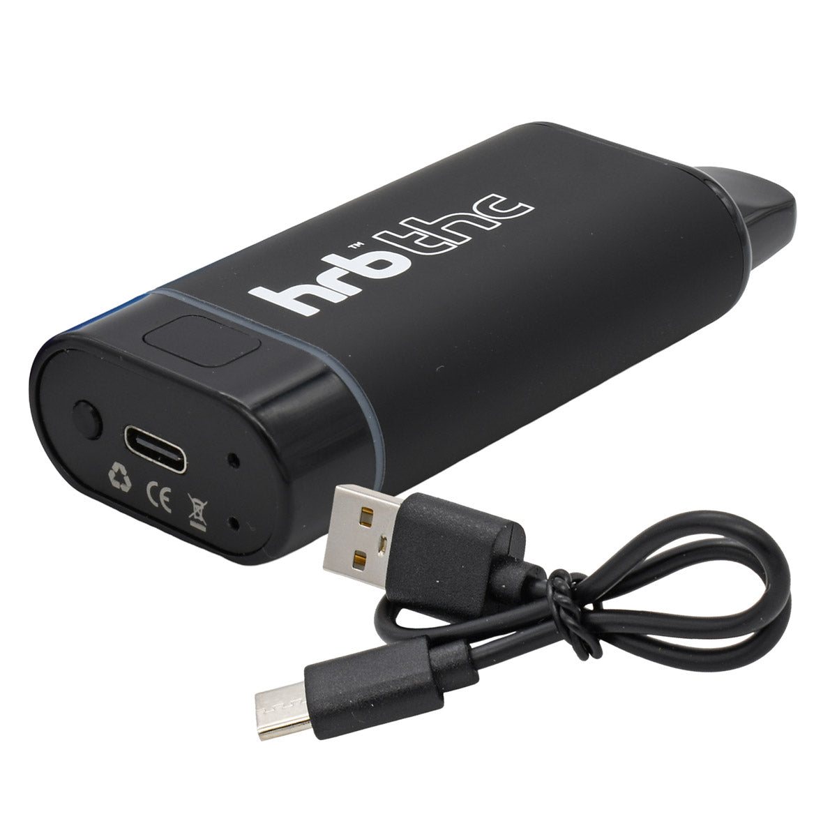 Black box conceal cart vape with 'hrb' branding and USB cable on a white background