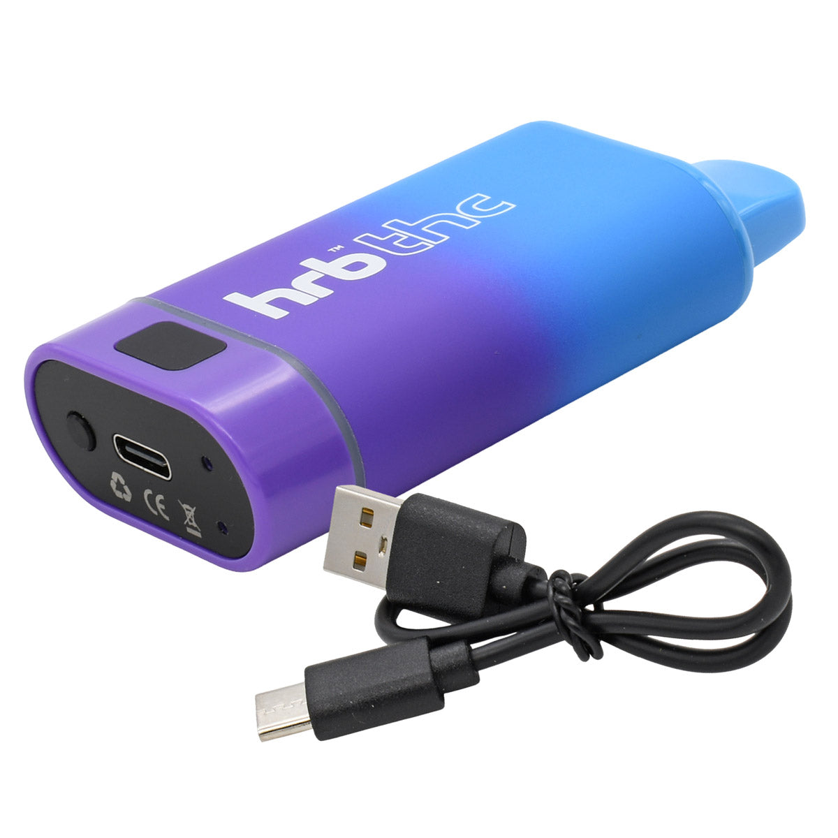 Blue and purple box cartridge vape with USB cable on a white background