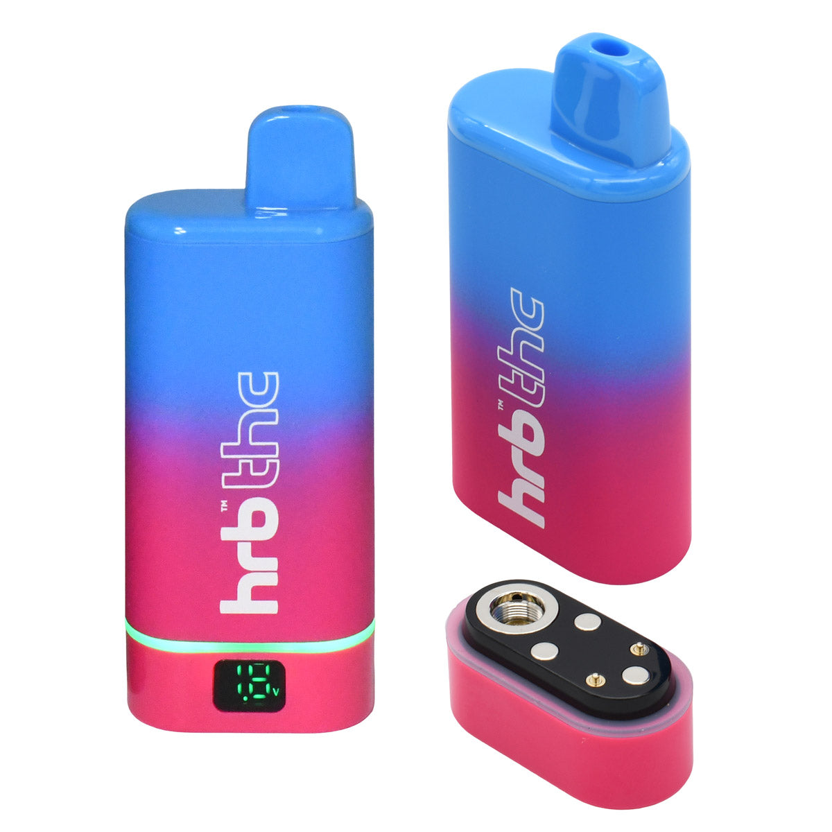 Gradient blue to pink box cartridge vape with 'hrb' branding on a white background