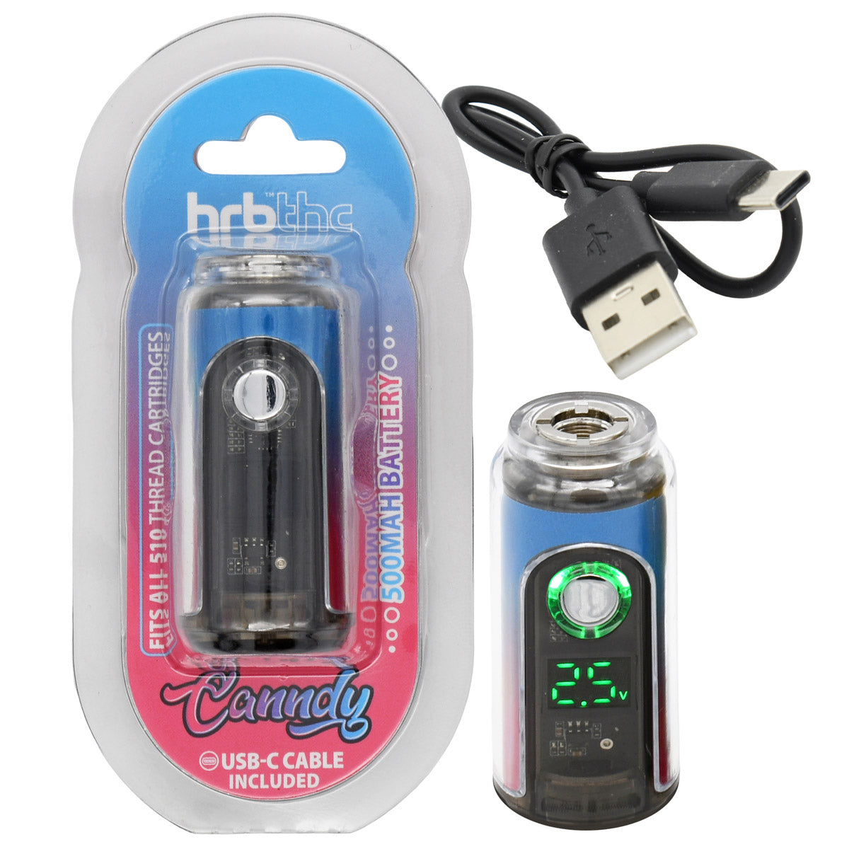 HRB Canndy cartridge battery, blue to red skin, with packaging and USB cable on a white background