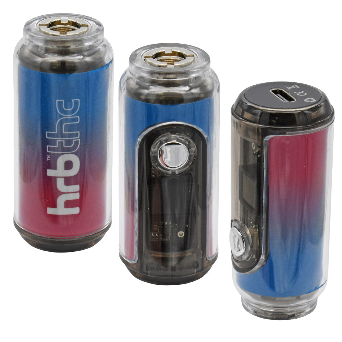 Three blue-to-red gradient-colored HRB Canndy cartridge batteries with visible branding on a white background