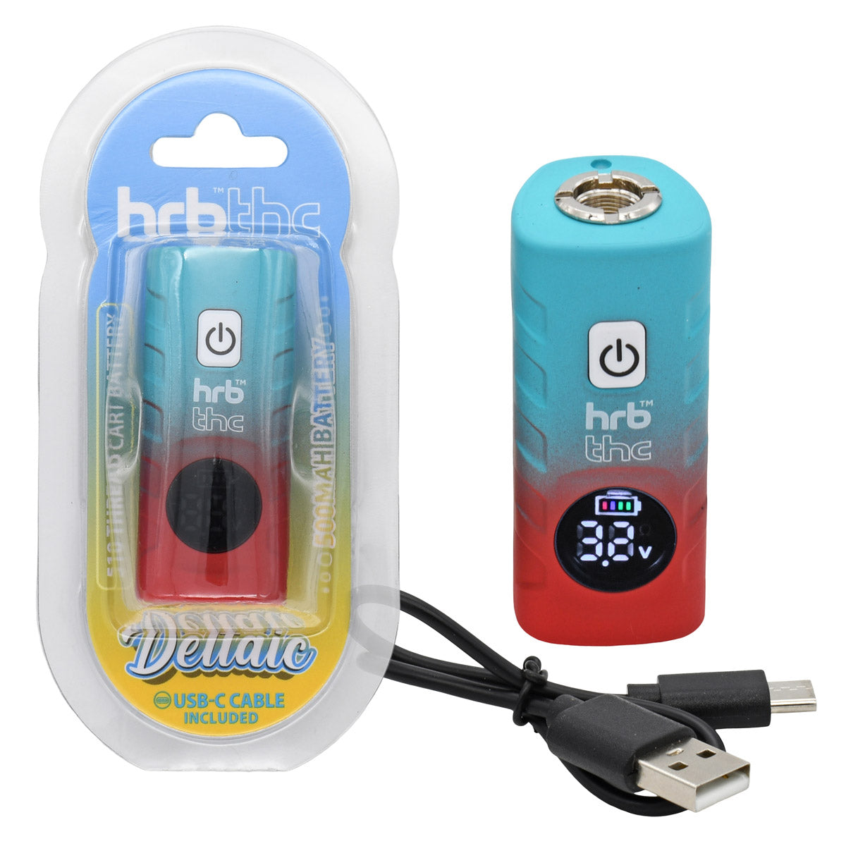 Blue and red Deltaic Cartridge Battery with digital display and USB cable, next to HRB Thc brand packaging.