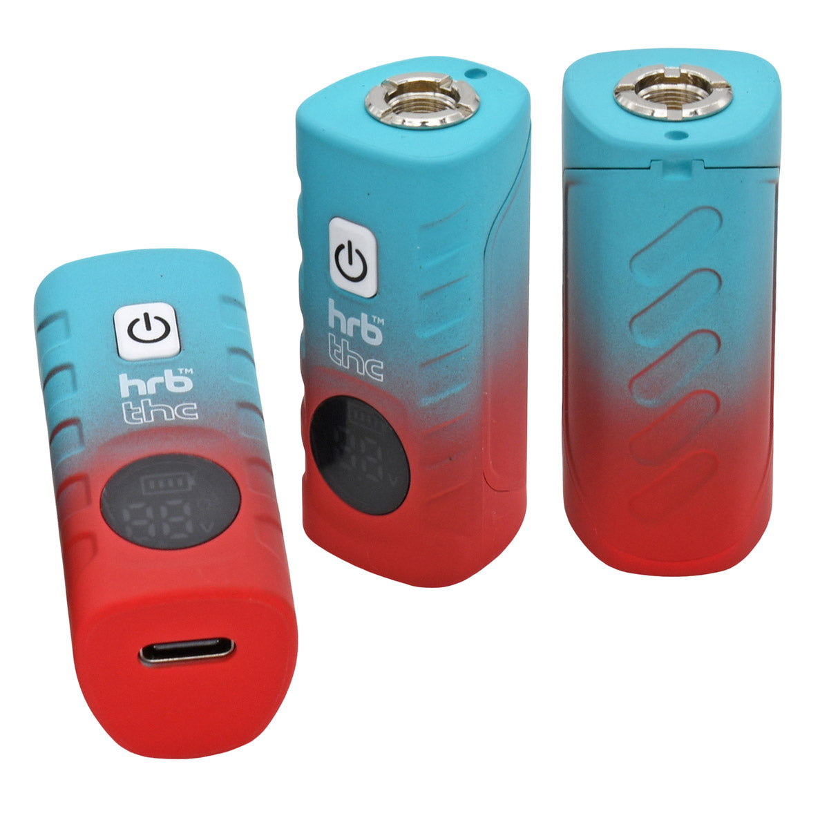 Three views of HRB Deltaic Cartridge Battery with gradient blue to red electronic devices with 'hrb' branding digital screen, and USB-C port on a white background.