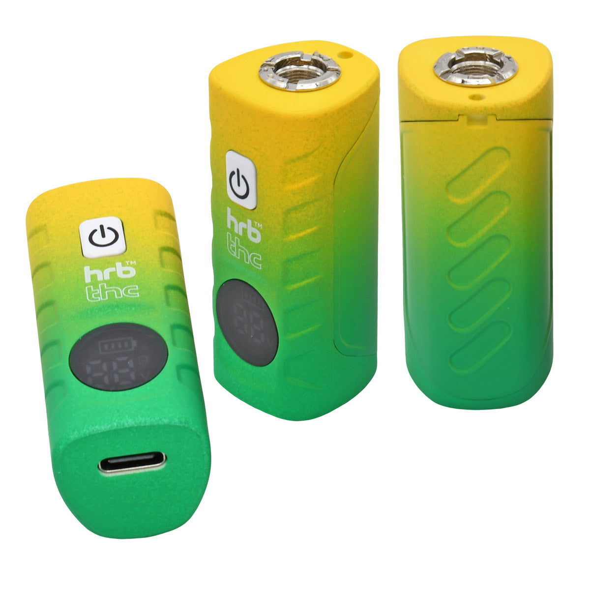 Three views of the HRB Deltaic Cartridge Battery with gradient yellow to green, showing 510 thread, screen, USB-C port, and 'hrb' branding on a white background.