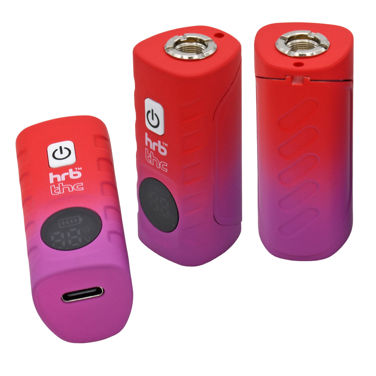 Red and purple gradient HRB Deltaic Cartridge Battery with 510 port, digital screen and 'hrb' branding on a white background