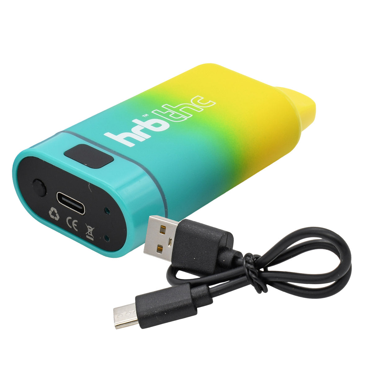 Gradient blue to yellow box cartridge battery with USB cable on a white background
