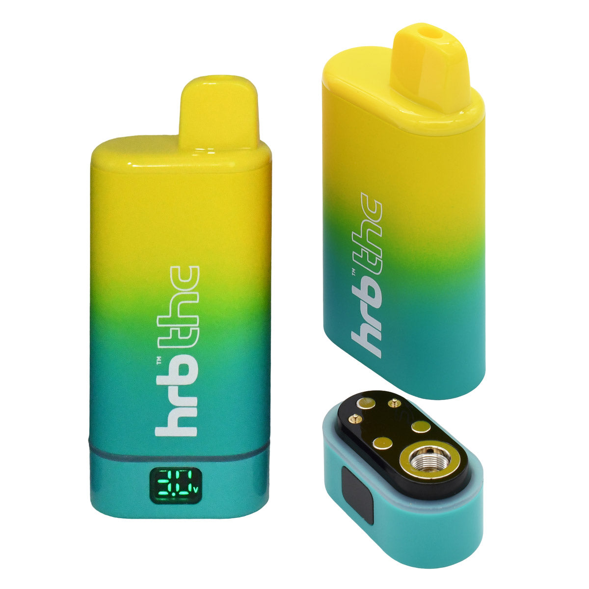 Gradient yellow to blue box cartridge battery with 'hrb' branding on a white background