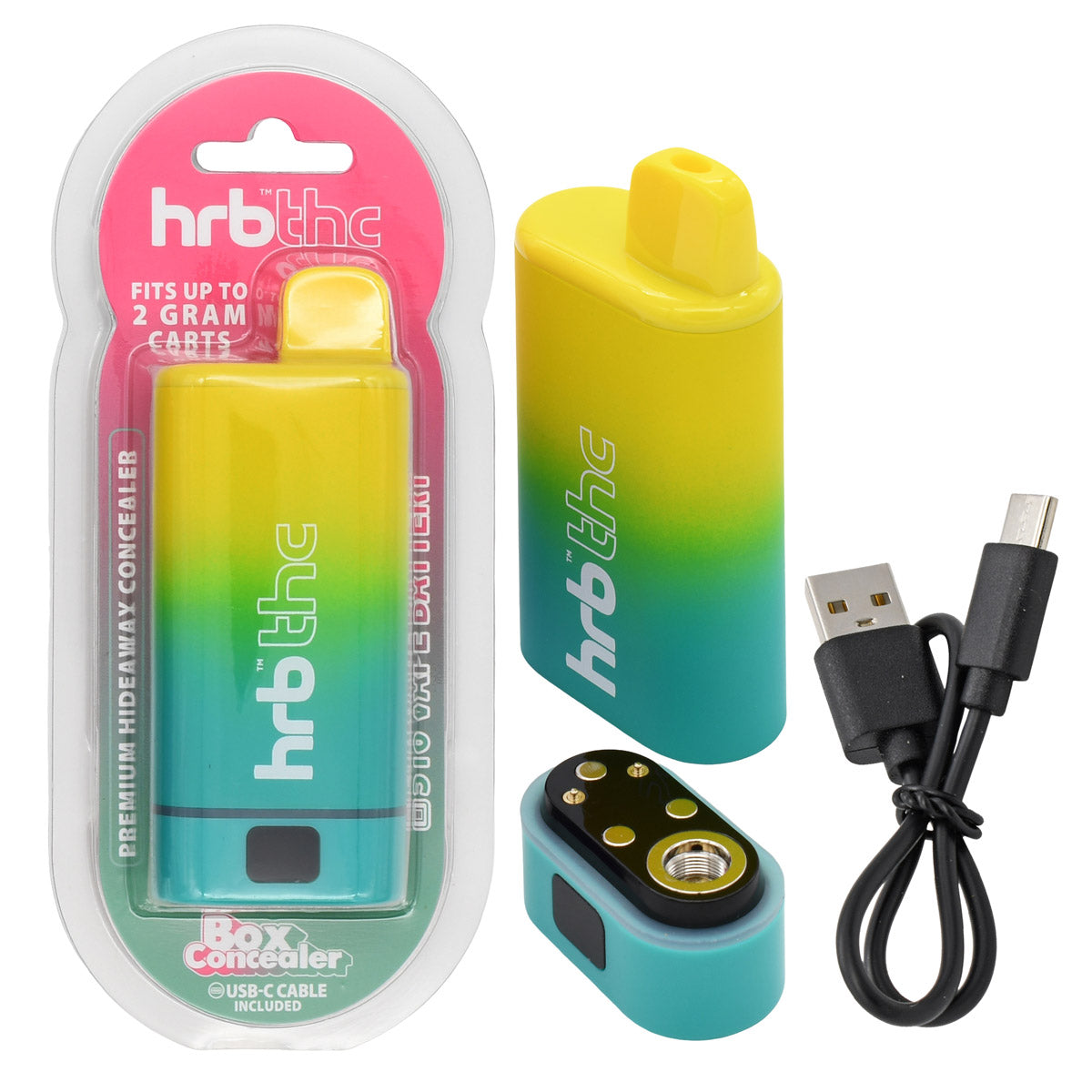 Gradient yellow to blue box cartridge vape with 'hrb thc' branding, packaging, and USB cable on a white background.