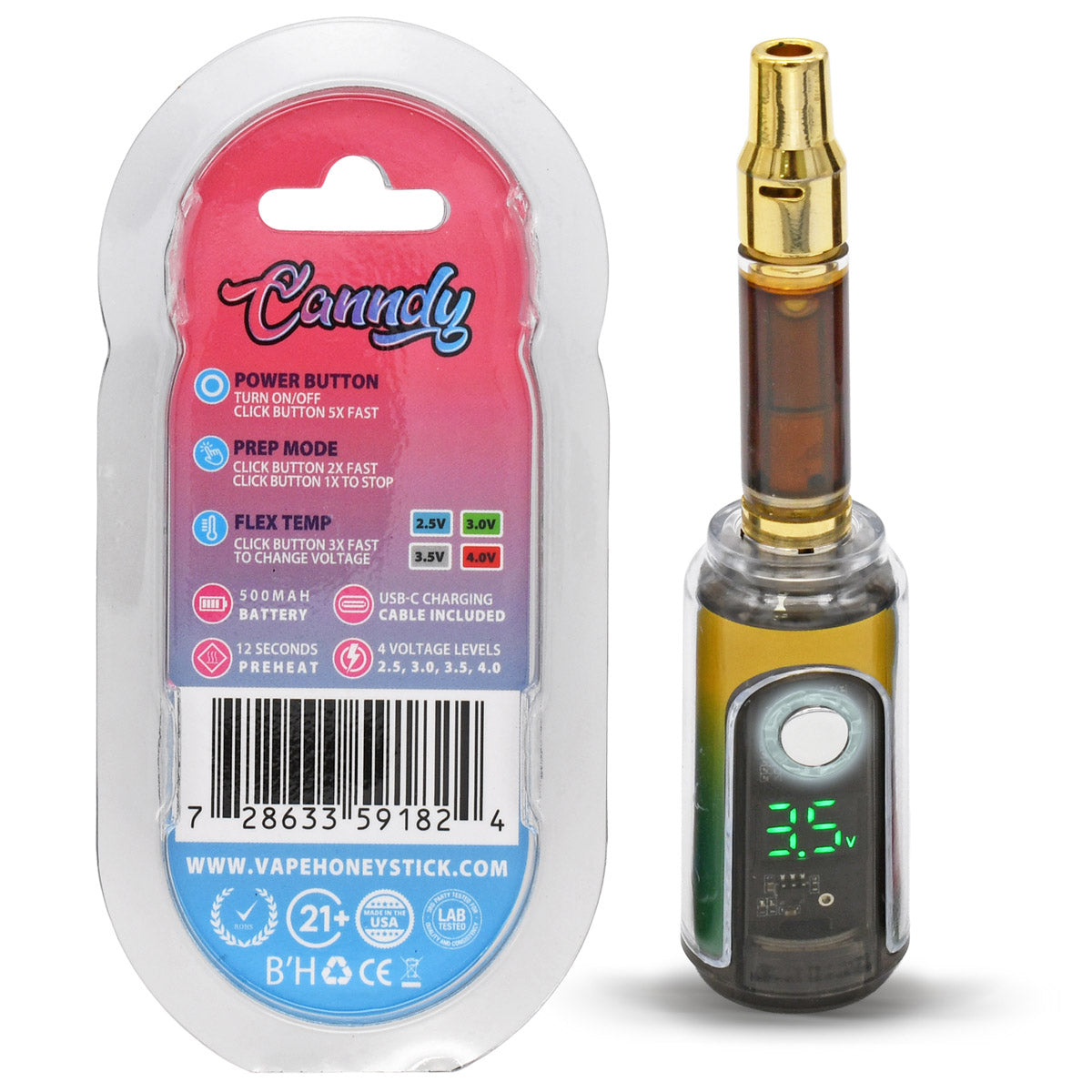HRB Canndy Cartridge Battery with digital display and packaging labeled 'Candy' with Operating Information