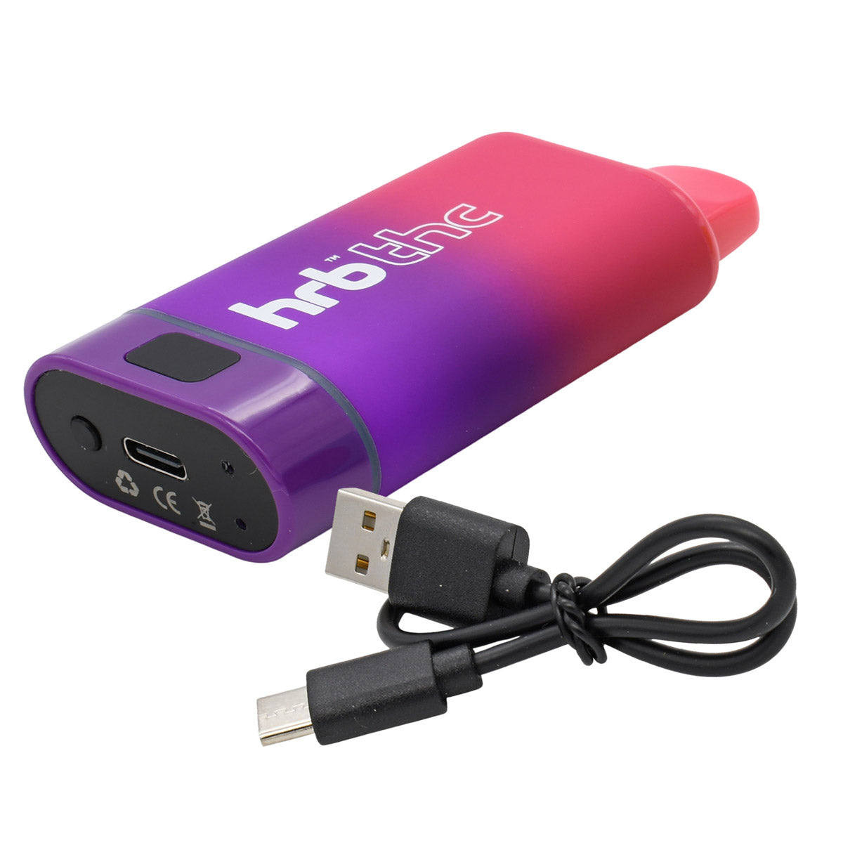 Gradient purple to pink HRB THC electronic vape battery with USB cable on a white background