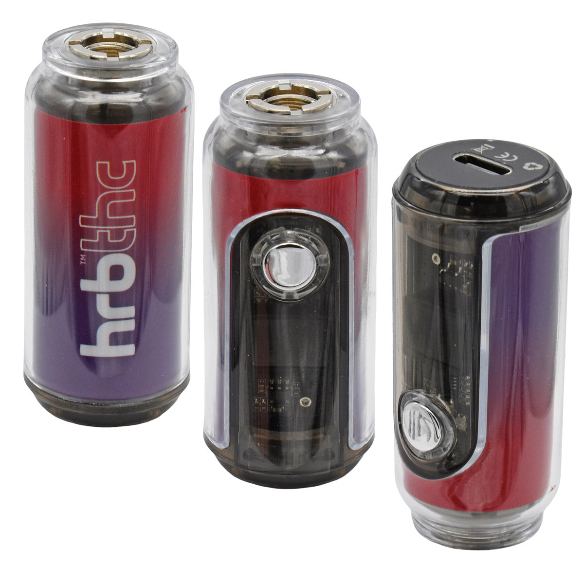 Three views of HRB Canndy cartridge battery, with red to purple skin on a white background