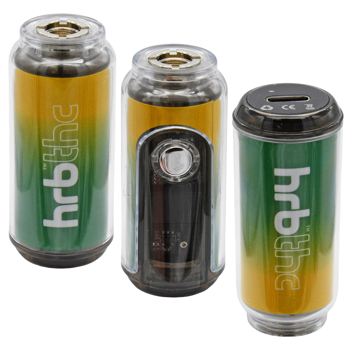 Three HRB Canndy 510 battery viewpoints showing branding, digital screen with button and USB port, gradient green to yellow design on a white background.