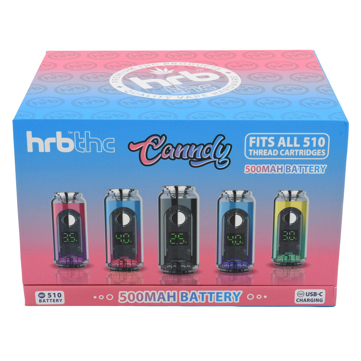 Box of HRB Thc Candy 510 batteries with colorful designs on a gradient pink and blue background