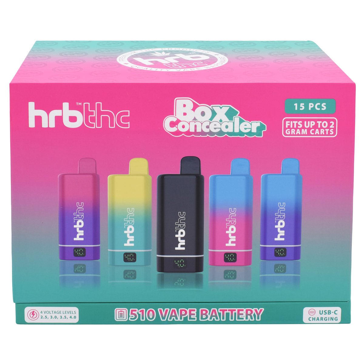 Box of hrb thc vape batteries with colorful design on a pink and blue gradient background
