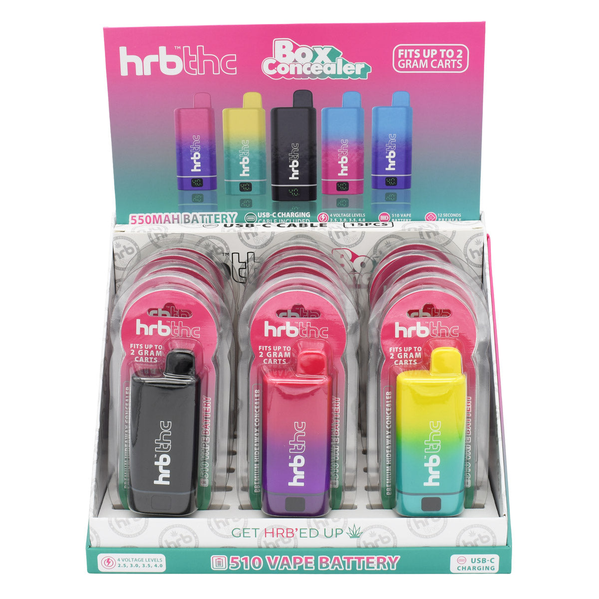 Display of hrb THC vape batteries and accessories with colorful packaging.