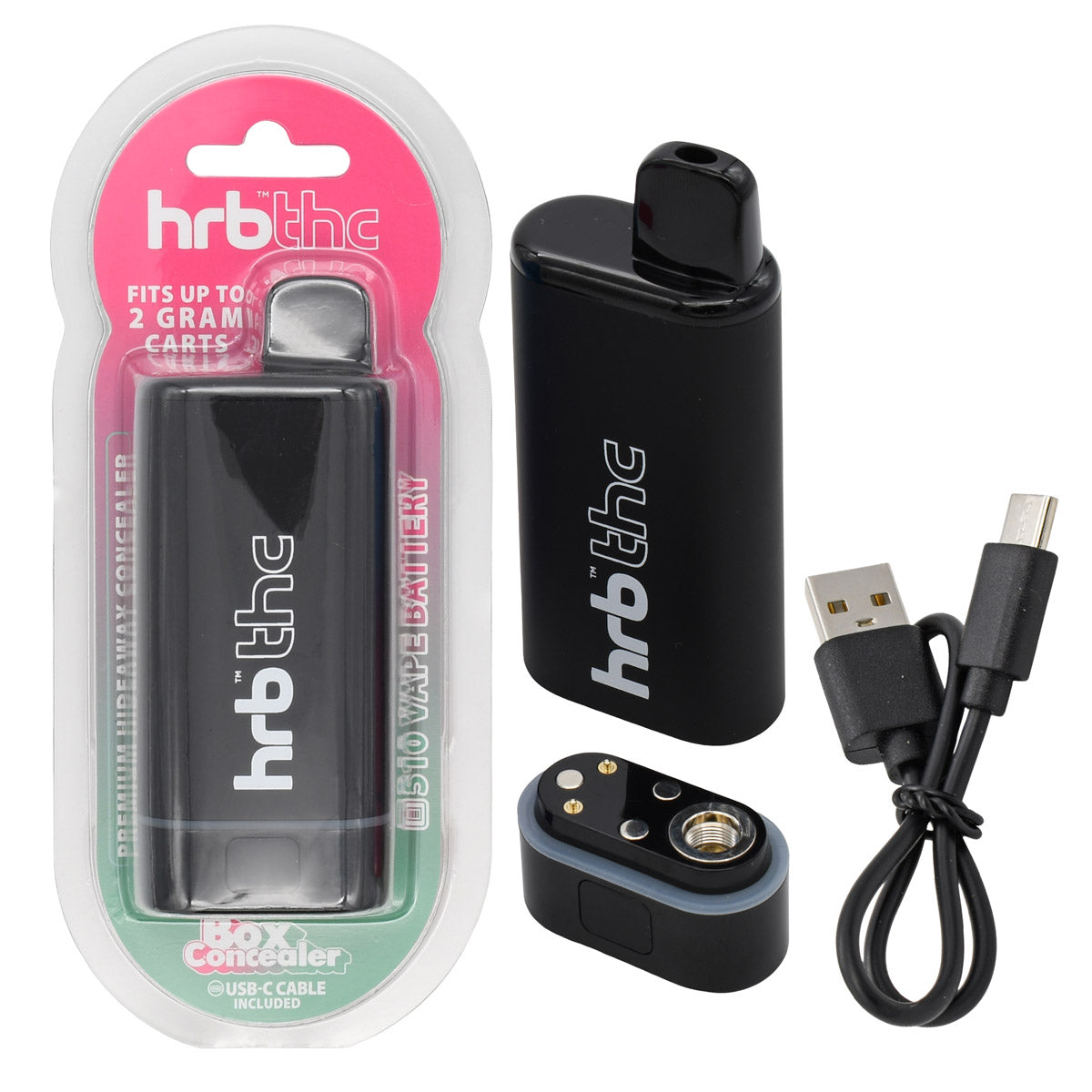 hrb THC vape battery with packaging, controller, and USB cable on a white background