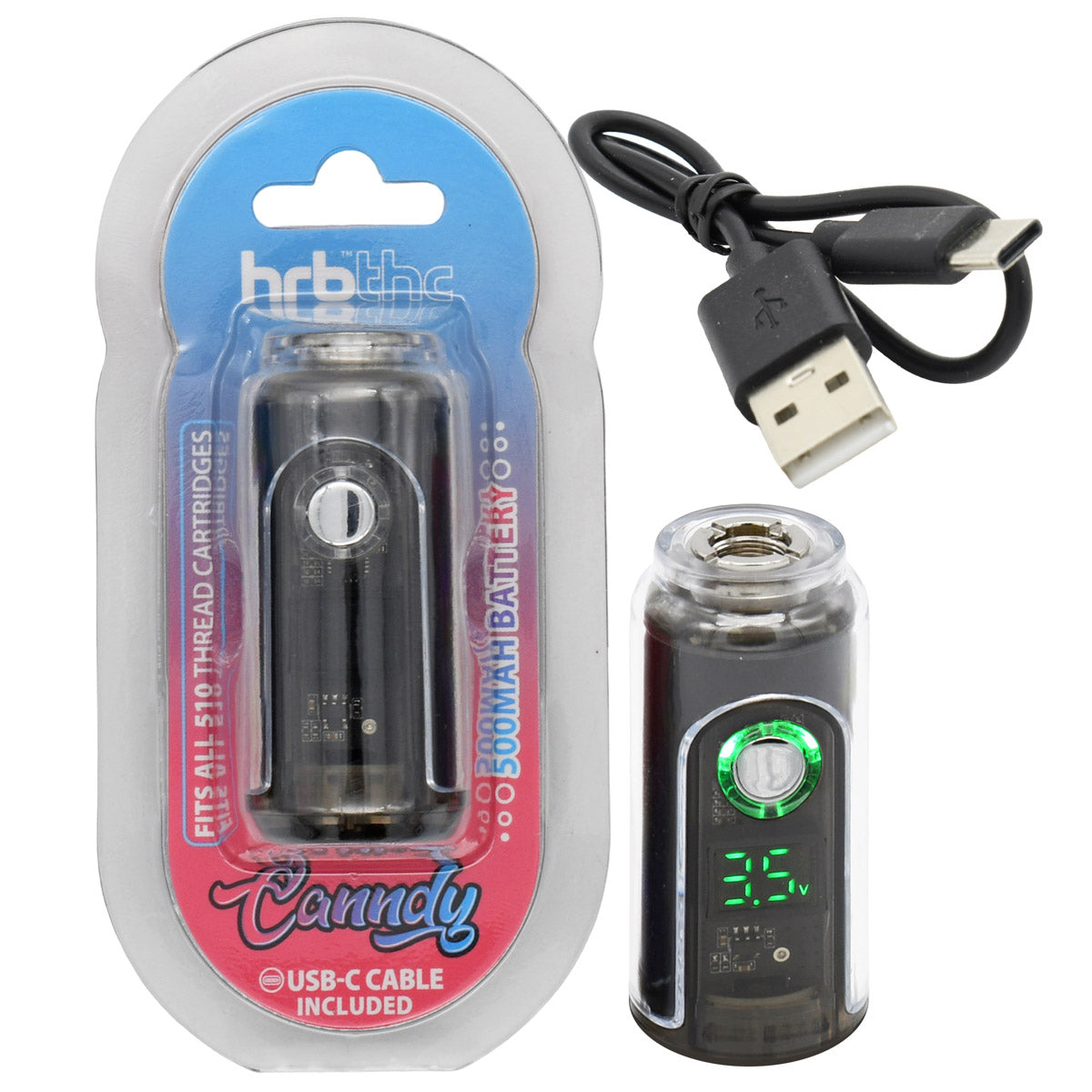 Black HRB Canndy 510 battery with digital display, USB cable, and packaging on a white background