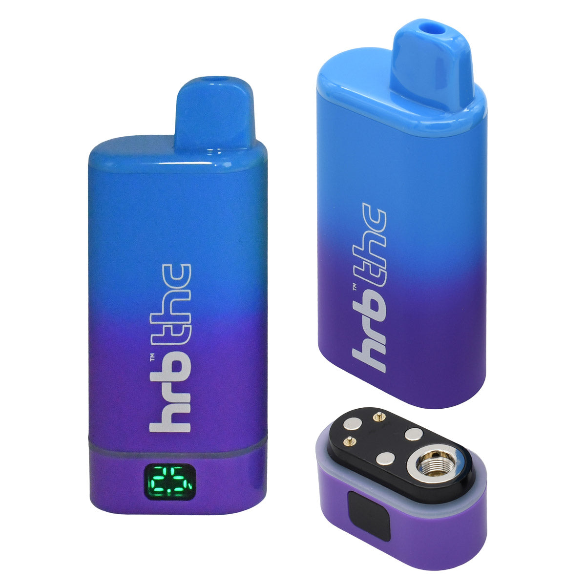 Blue and purple hrb THC box cartridge vape with digital display on a white background