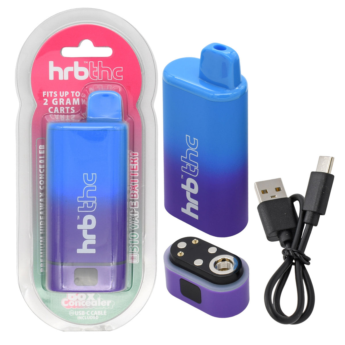 Blue and purple hrb thc box vape with packaging, USB cable, and adapter on a white background