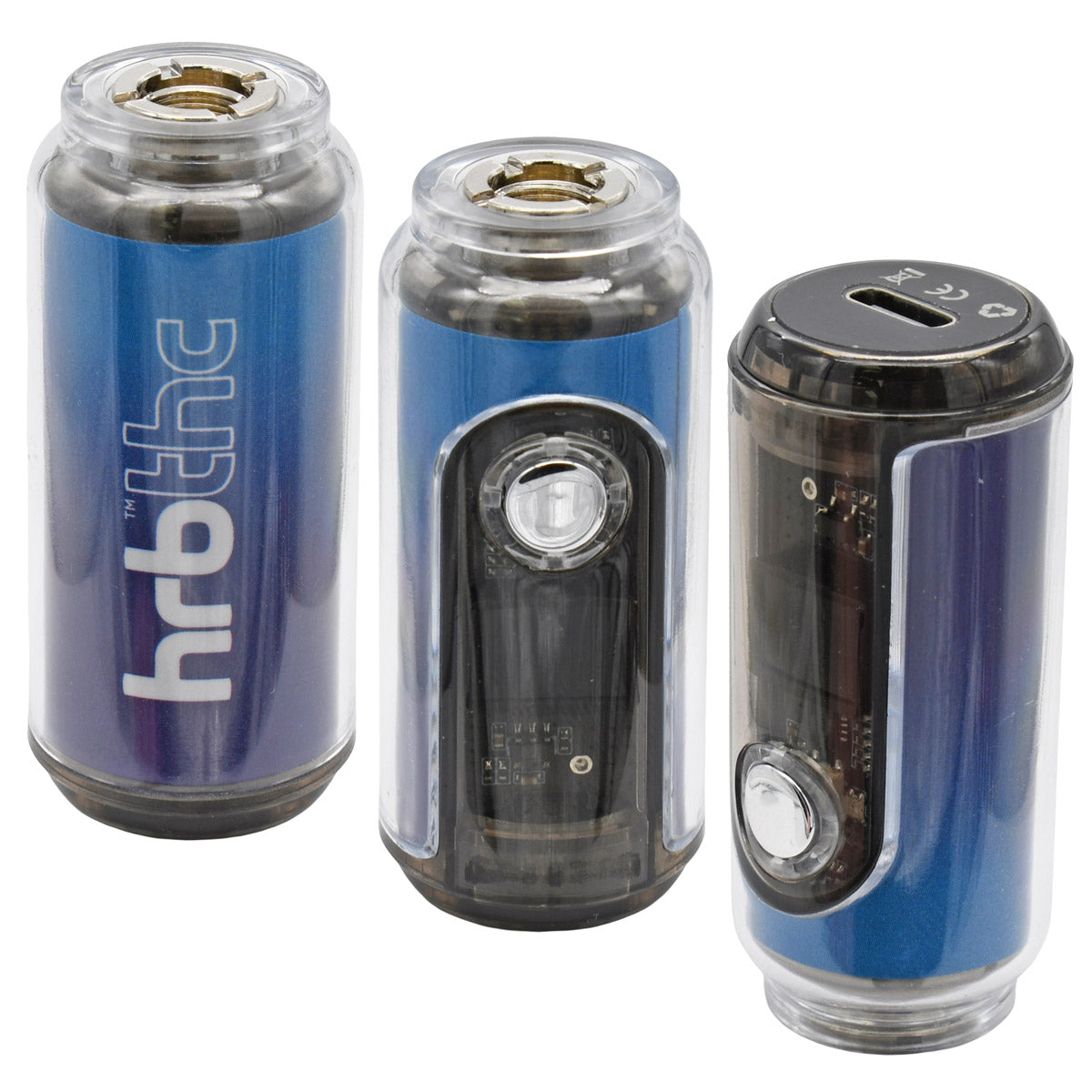 Three  HRB Canndy 510 battery views showing branding, digi-screen with button, USB port and blue to purple color 