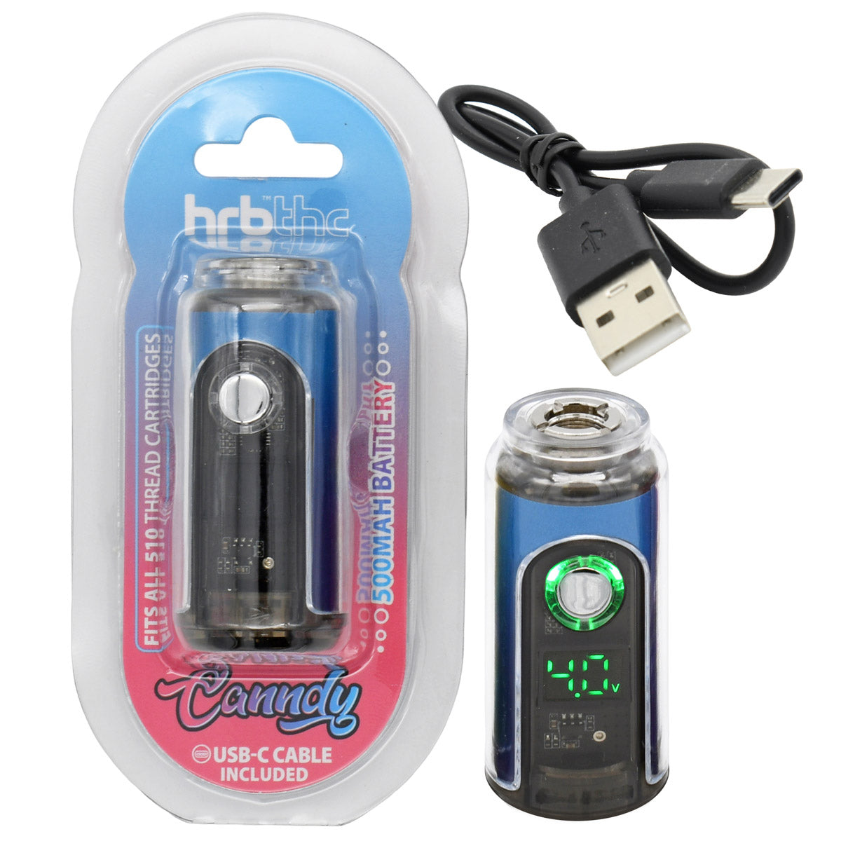  HRB Canndy 510 battery with USB cable and packaging on a white background