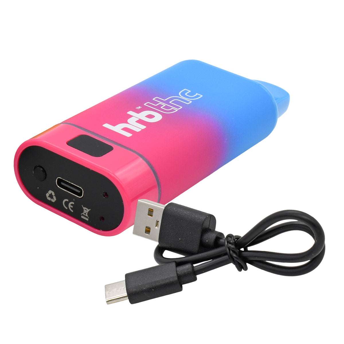 Gradient pink to blue  box cartridge vape  with 'hrb' branding and a USB cable on a white background