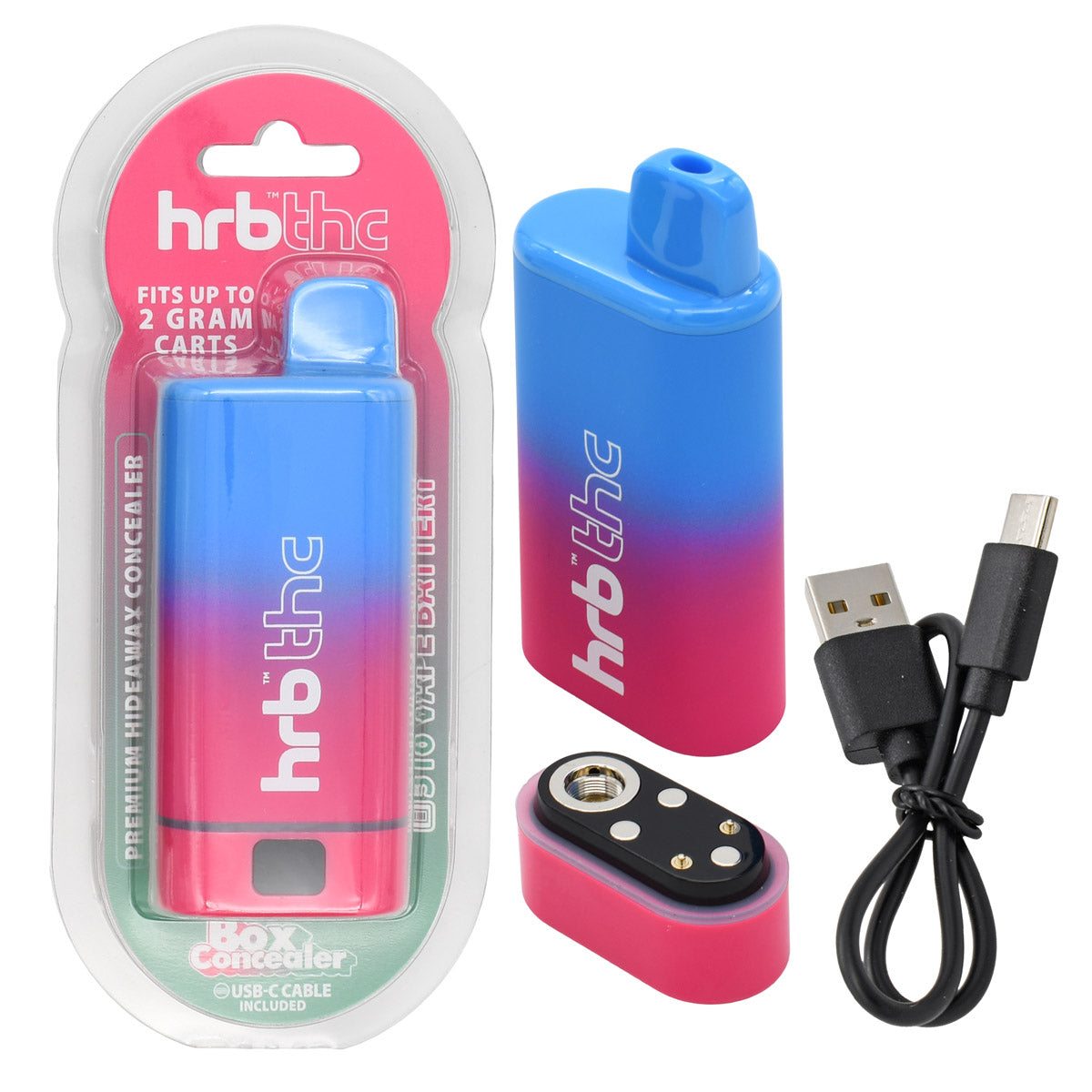 Pink and blue HBR THC box cartridge vape with packaging and USB cable on a white background