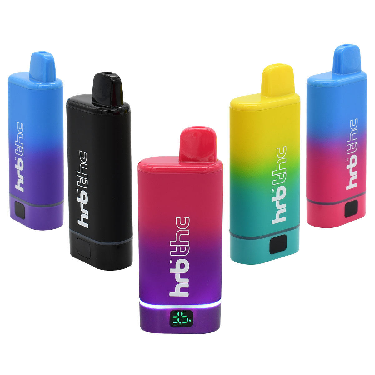 Colorful Hrb Box conceal cart vape devices on a white background