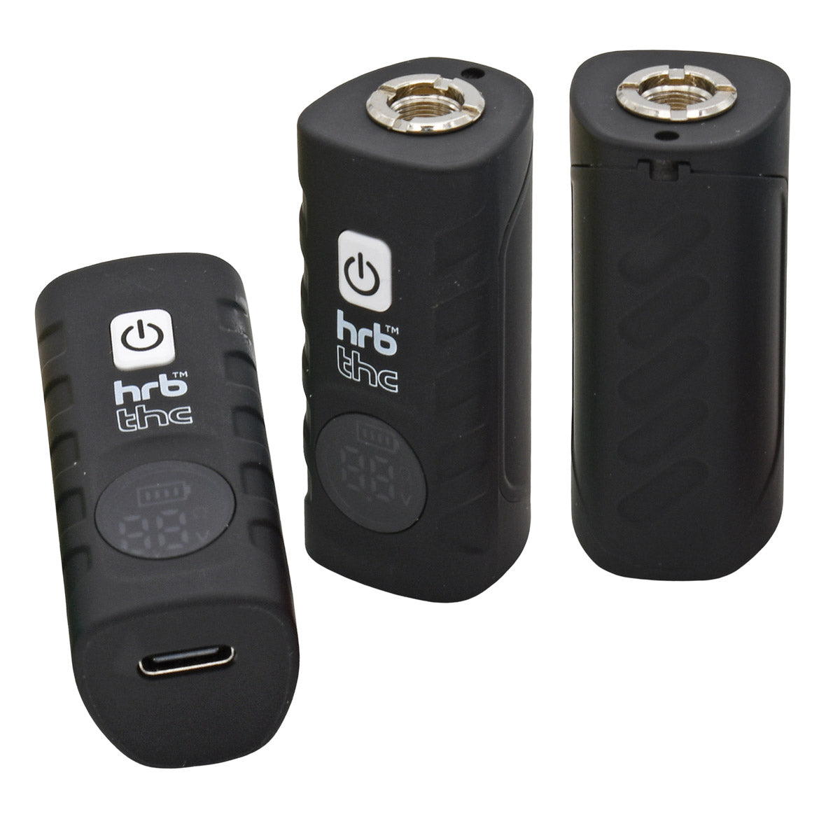 Three views of the black HRB Deltaic Cartridge Battery with 'hrb' branding and USB-C port on a white background
