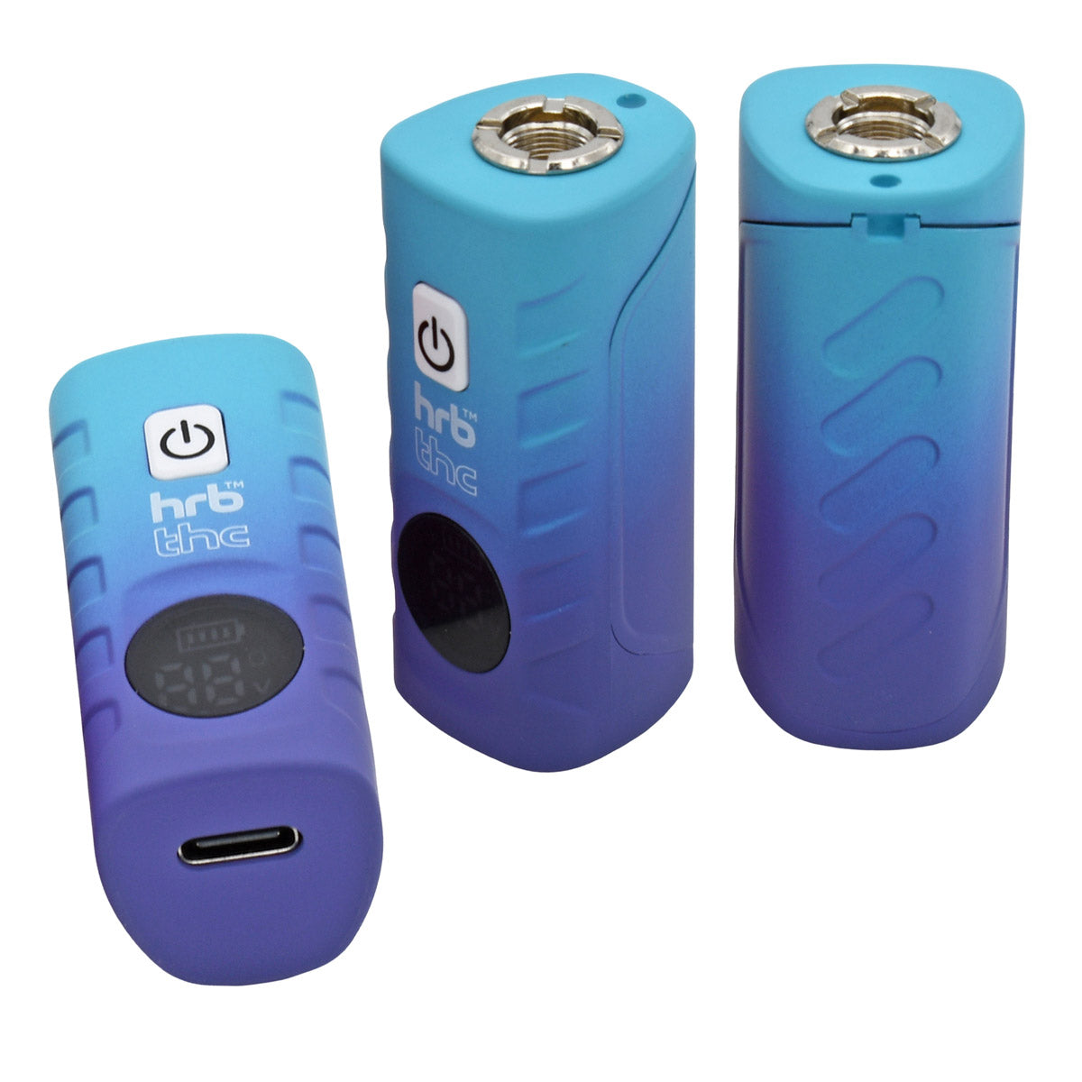 Three views of the blue and purple HRB Deltaic Cartridge Battery with visible branding, digital screen, and USB-C port on a white background