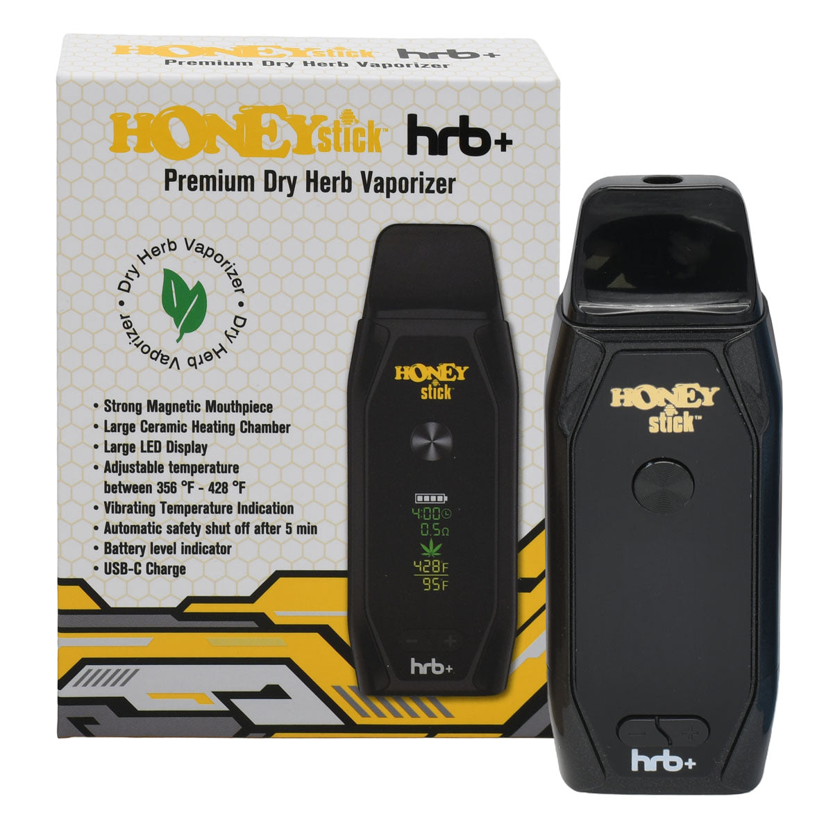 Black HRB+ Vaporizer with packaging box.