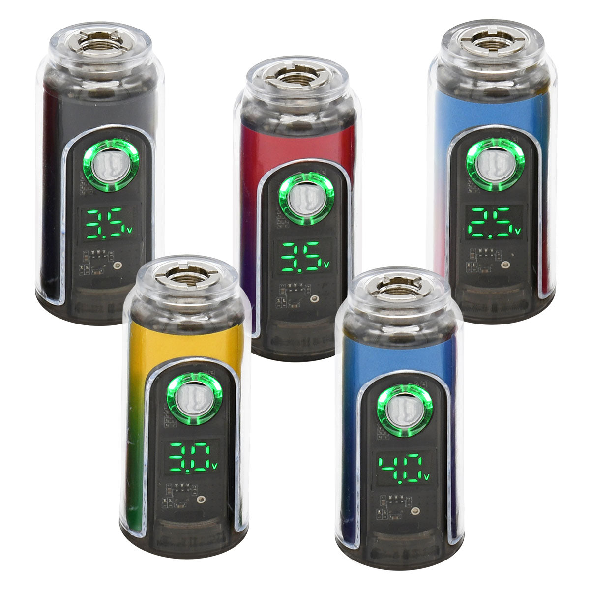 Five Hrb Canndy 510 Batteries  with digital displays in various colors on a white background