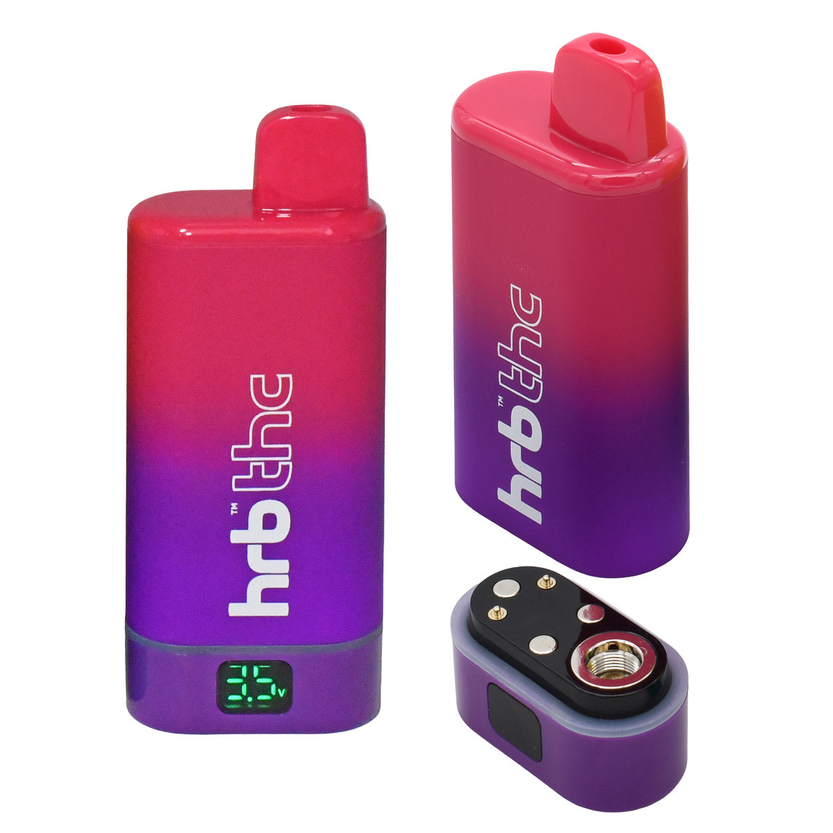Two gradient pink to purple box cartridge vape battery with 'hrb' branding on a white background