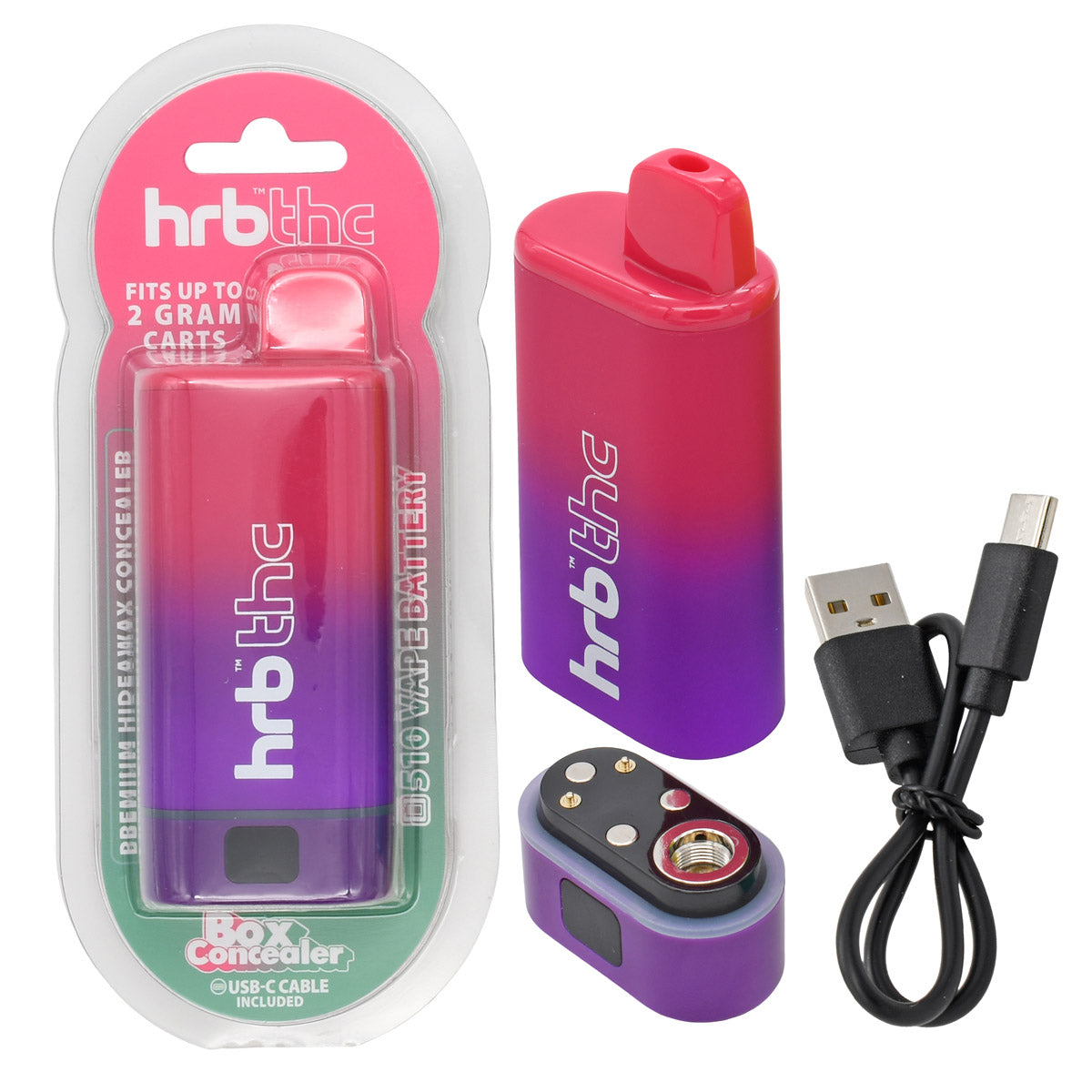 Purple and pink hrb THC box cartridge vape with packaging, USB cable, and concentrate container on a white background.