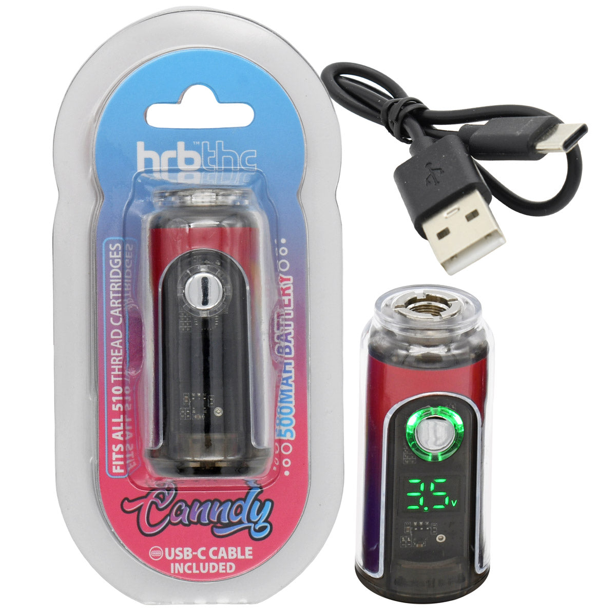 HRB Canndy 510 battery, red-purple color option,  with digital display and USB cable, next to its packaging.