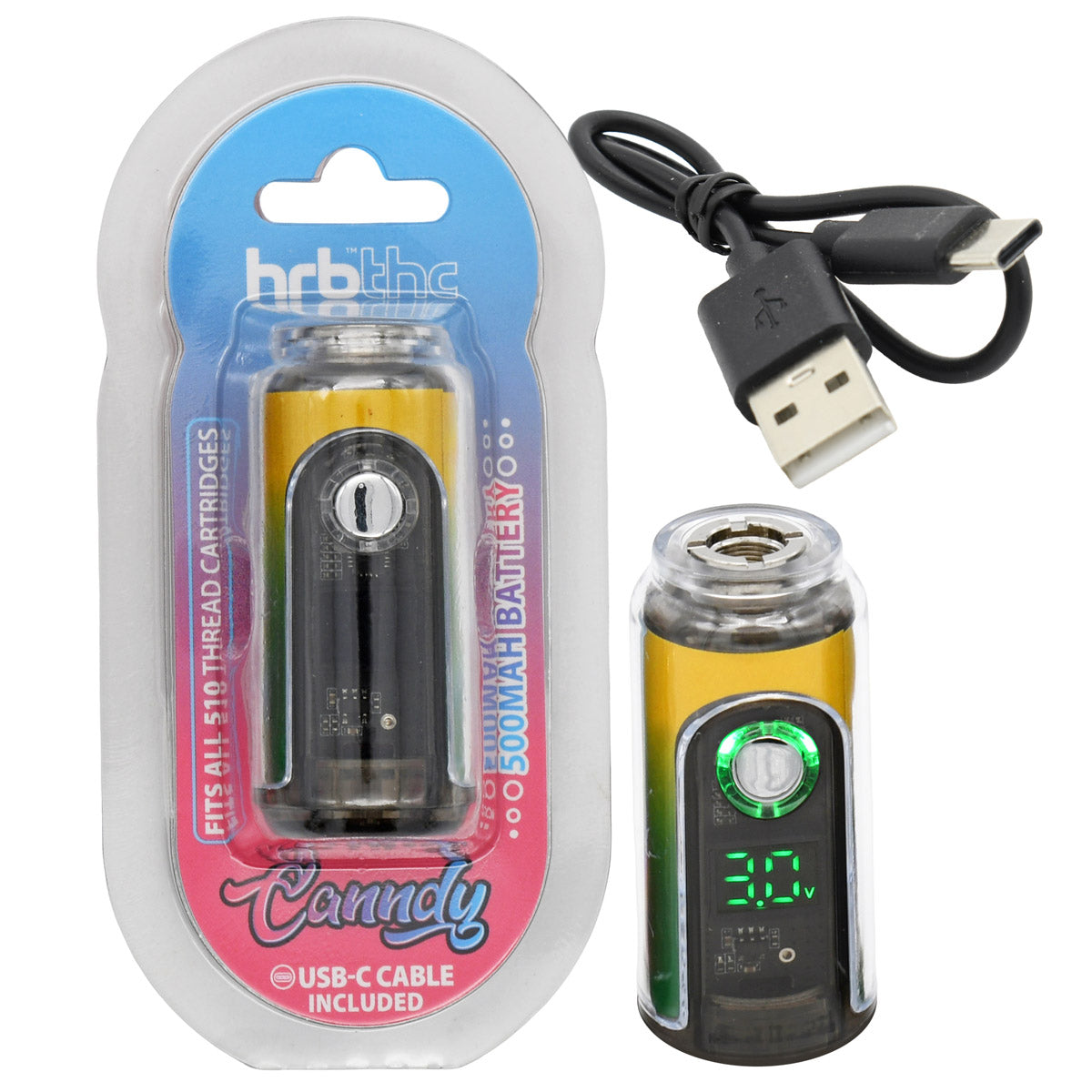 HRB Canndy 510 battery, yellow-green,  with packaging and USB cable on a white background
